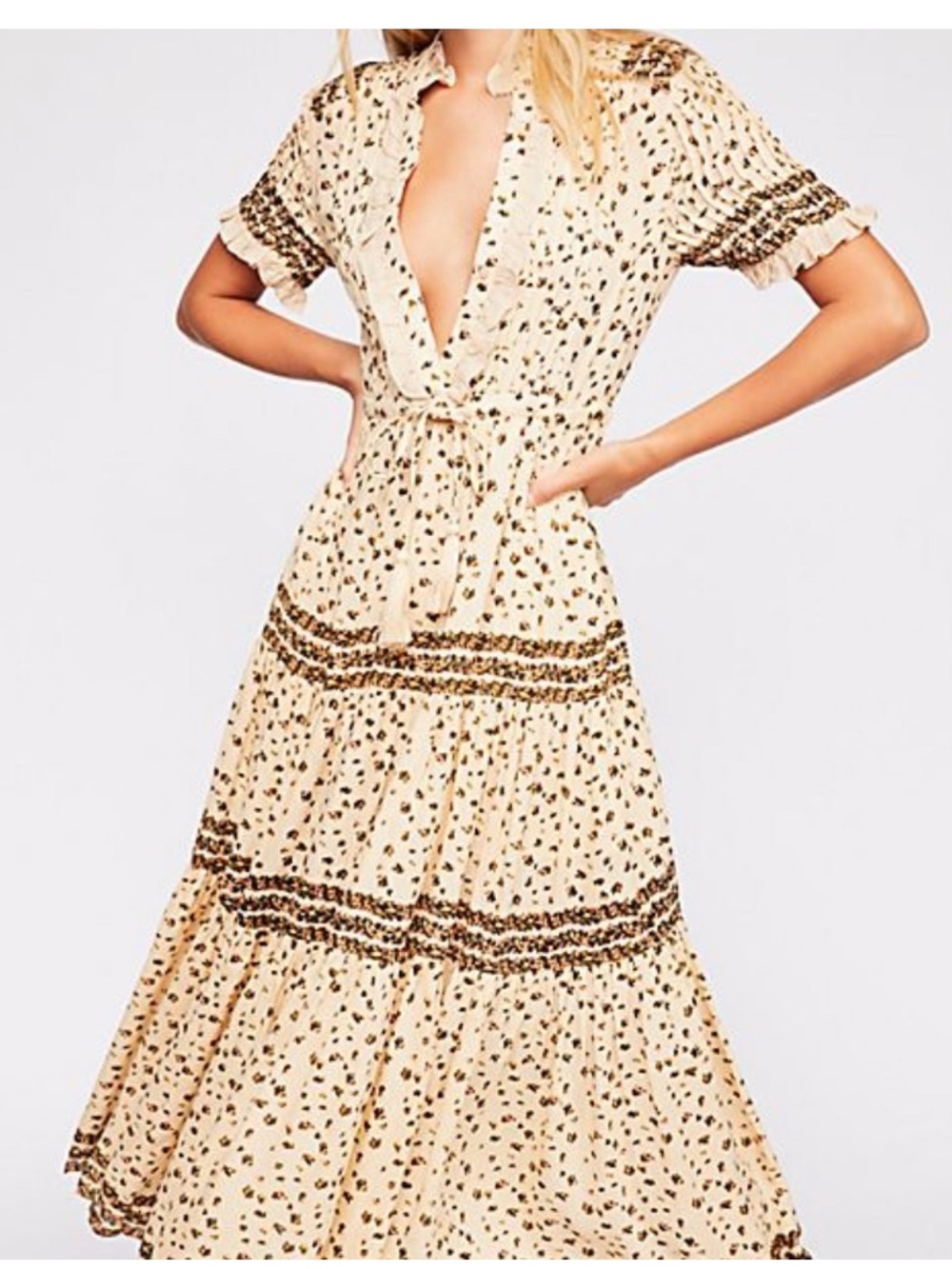 Free People Rare Feelings Cream Floral Boho Tiered Maxi Dress